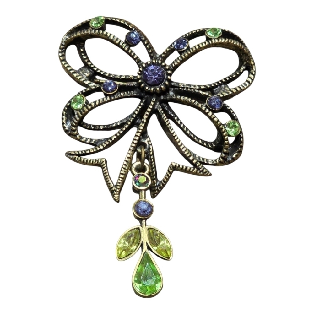 Bow Green Purple Crystal Dark Goldtone Vintage Brooch Pin